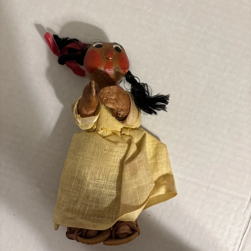 Native American Girl Doll Wearing Dress Braids Painted Face‎ Sandals Vintage